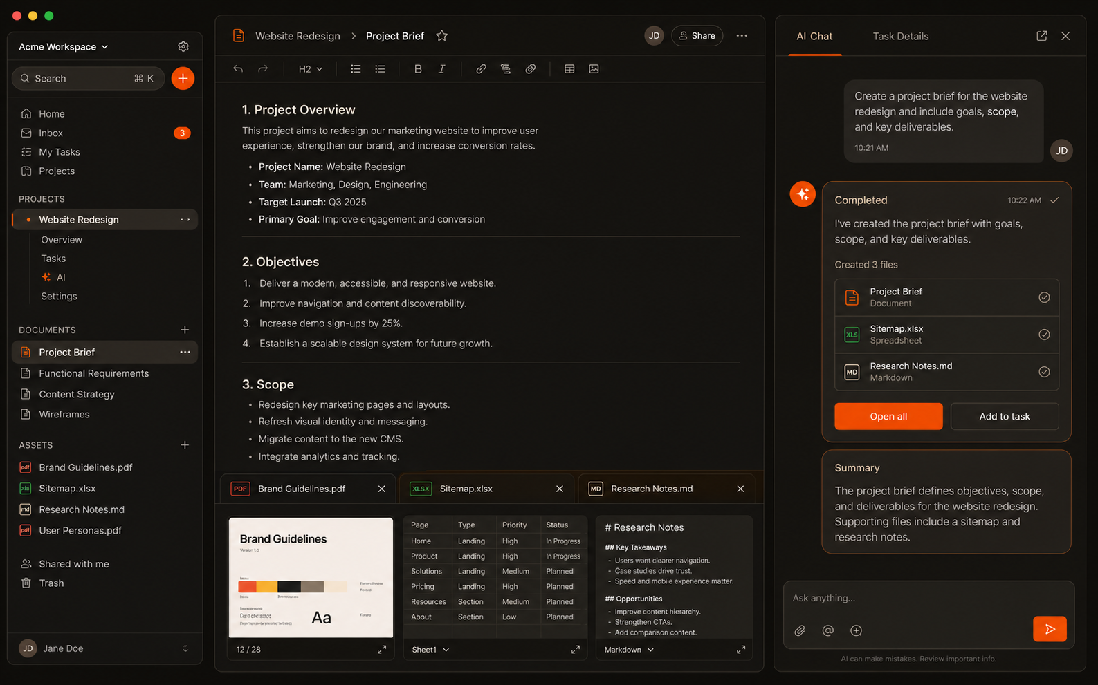 myDoo workspace with AI-created documents and organized project files
